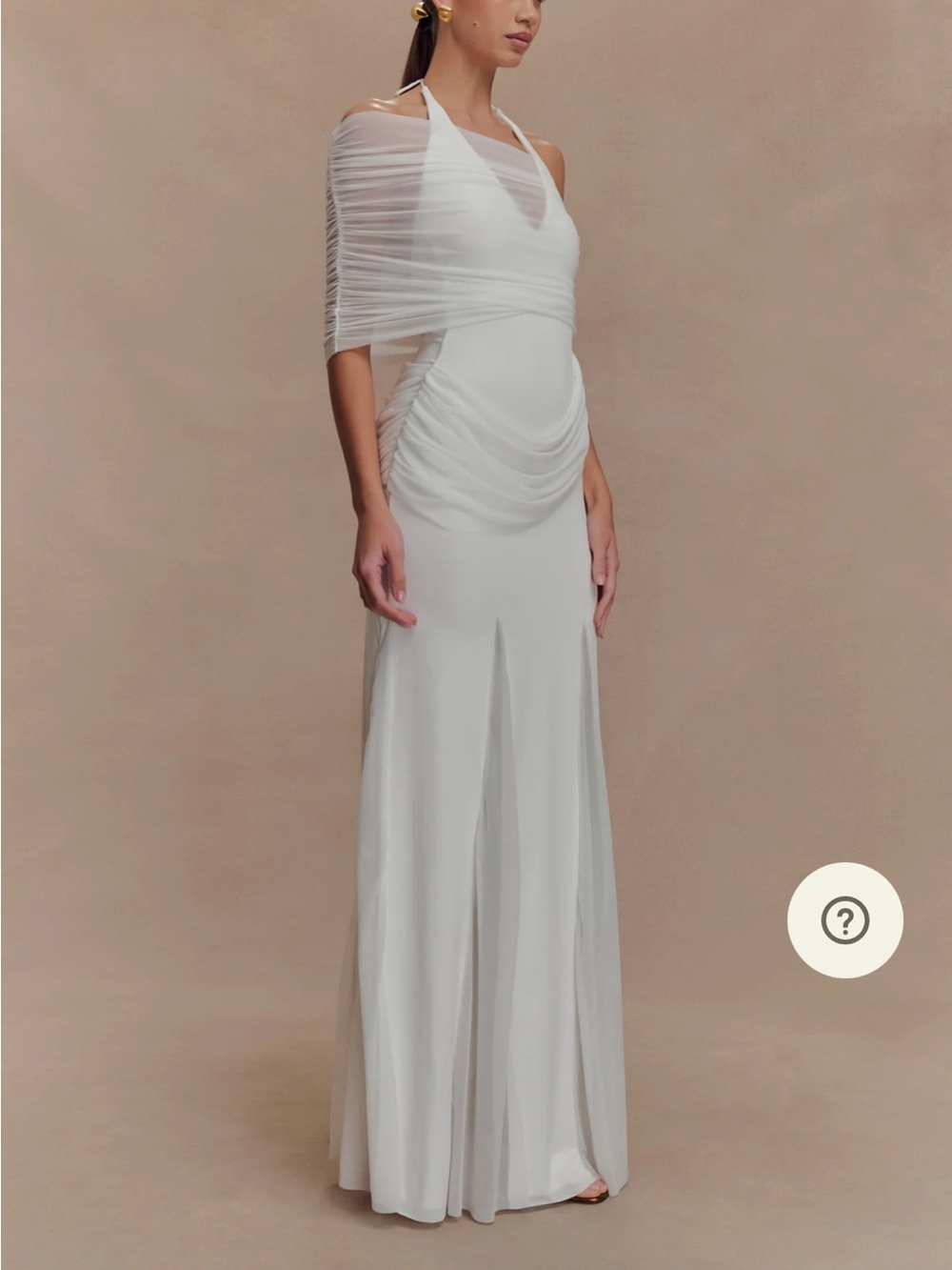Meshki Elegant White Halter Evening Gown with Draped Overlay Dress